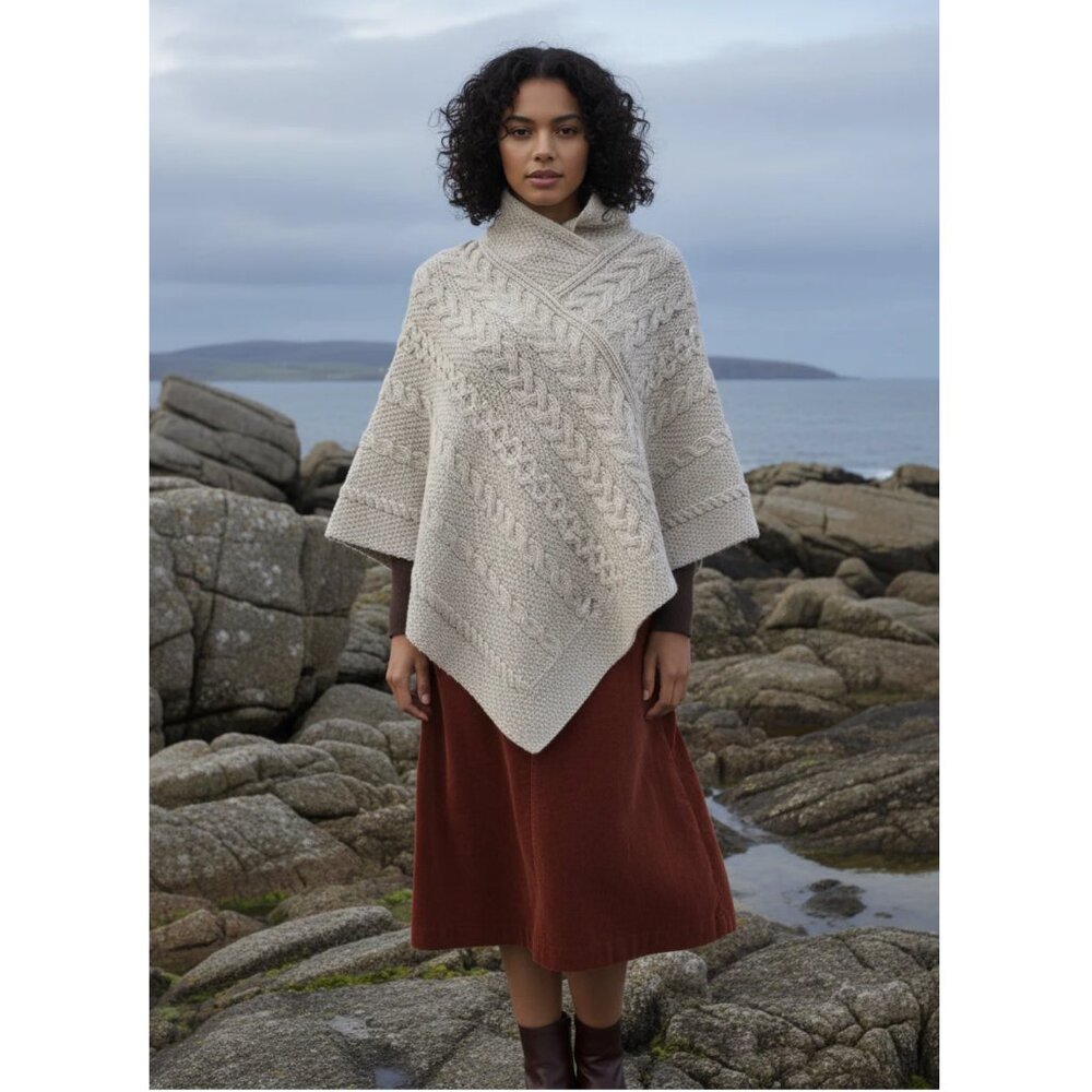 Inis Crafts 100% Merino Wool Aran Cable & Moss Knit Poncho